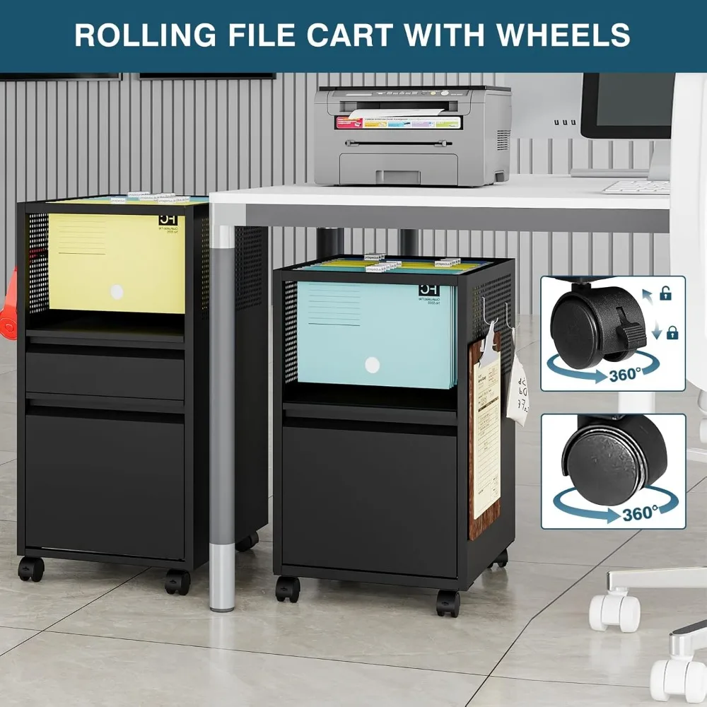 File Cabinet with Drawer, Mobile Files Organizer with Hanging Rod for Letter/Legal File Folders Storage, Filing Cabinets