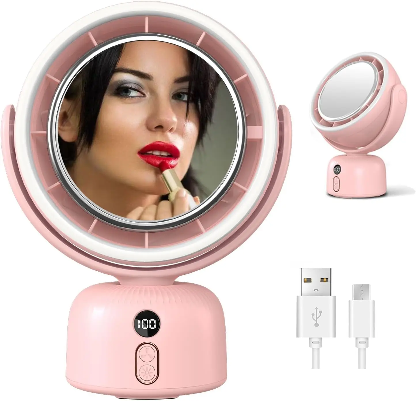 

Перезаряжаемый настольный вентилятор емкостью 6000 мАч с зеркалом для макияжа, 3-уровневая светодиодная лампа с затемнением, осциллирующий, 5 скоростей для дома и офиса