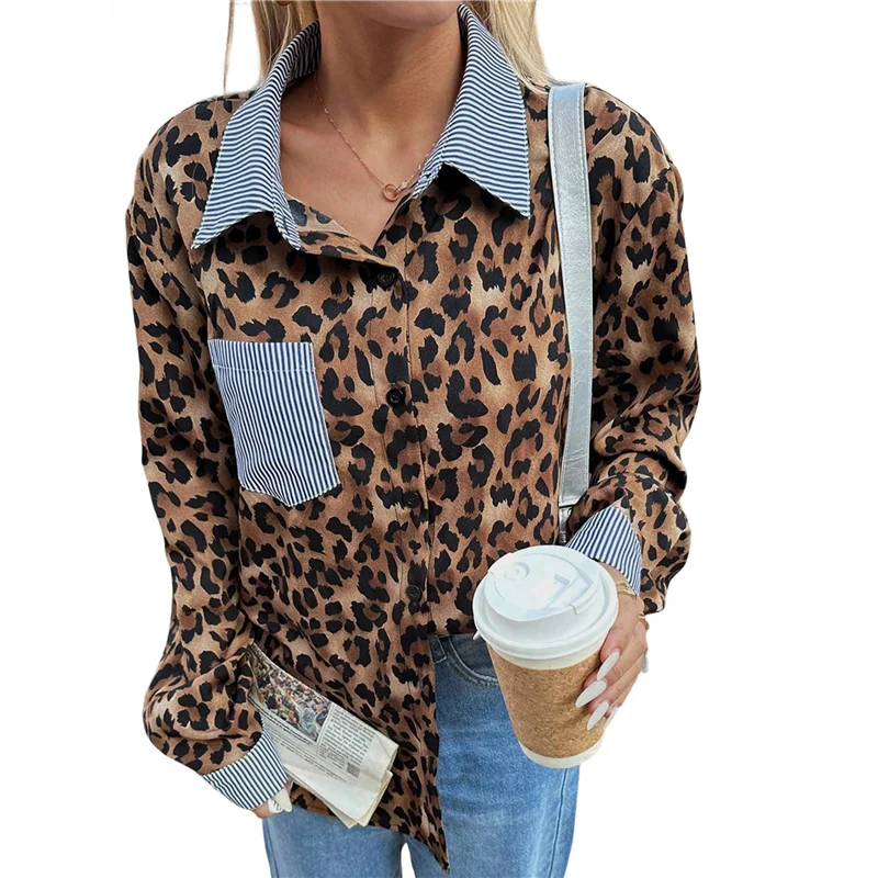 

ASDS-Women's Striped Leopard Print Long Sleeve Blouses Cheetah Button Down Collared Shirts