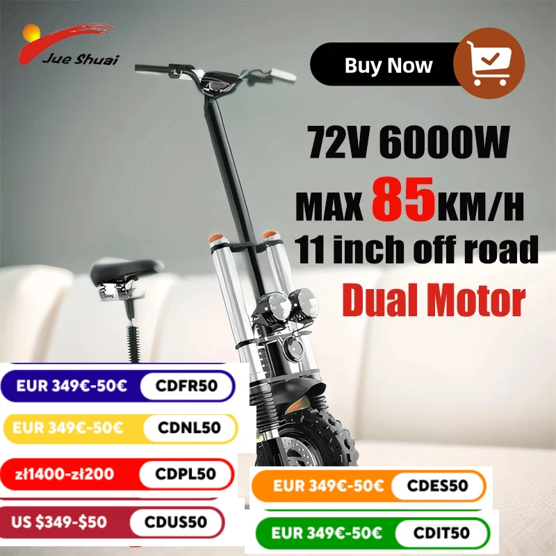 72V 6000W 11 Inch Off-road Electric Scooter Max Speed 85KM/H 100Km Hydraulic Suspension Self-balance Folding Kick Escooter Us