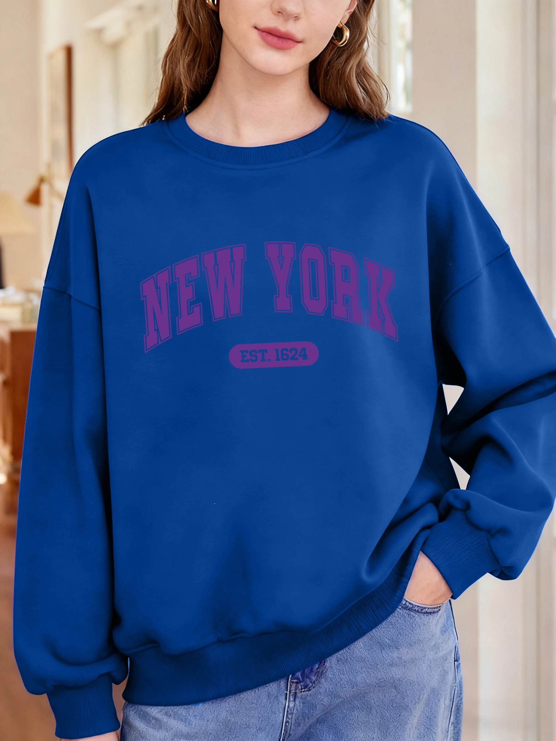 Jerséis con estampado de letras de Nueva York Est 1624, sudadera de gran tamaño para mujer, ropa informal Y2K de Hip Hop, ropa de calle con cuello redondo