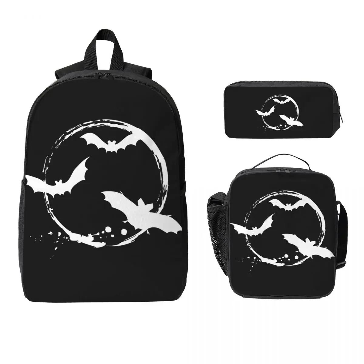 Halloween Bats With White Moon Backpack Boys Girls BookBag School Bag Computer Shoulder Bags 3ps Insulated Lunch Bag Pencil Case