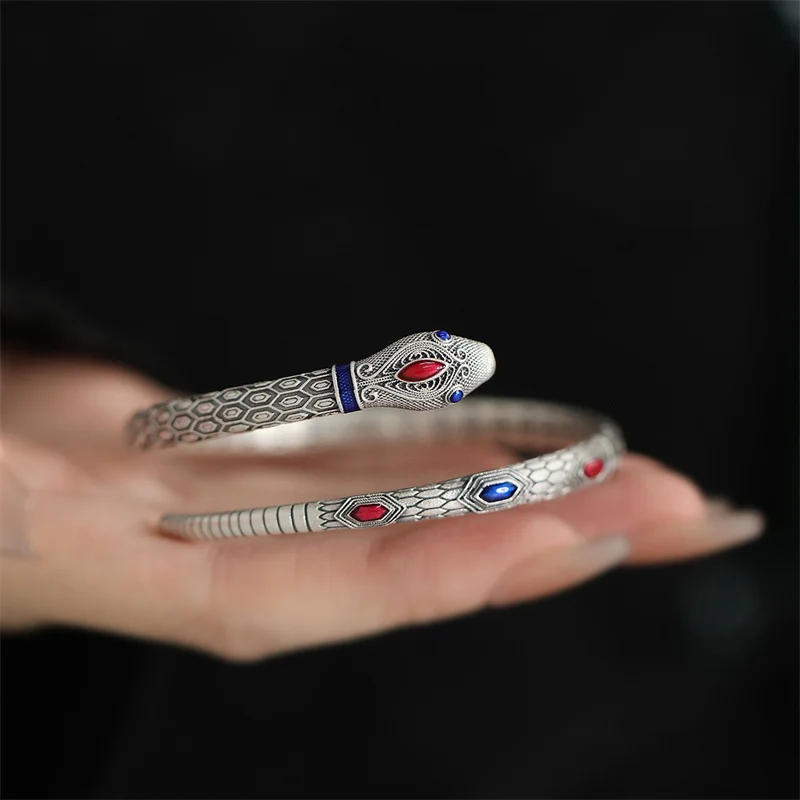 

Ethnic Style Viper Bangle For Lady Hand Accessories Vintage Relief Colored Enamel Snake Bangle Women Jewelry Adjustable