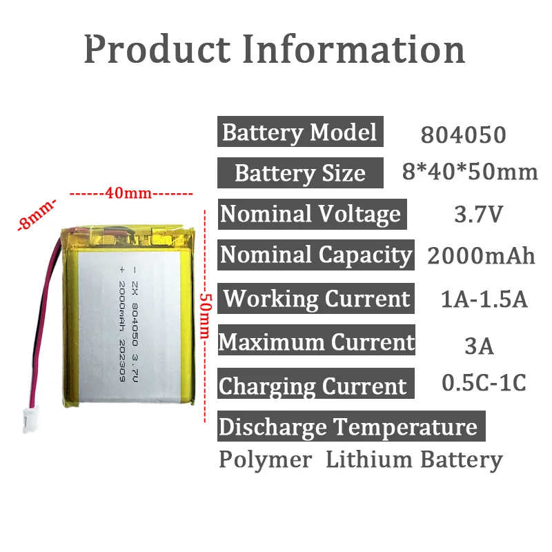 3.7V 2000mAh 804050 Polymer Lithium Ion/Li-ion Battery for Model Aircraft GPS Mp3 Mp4 Phone Speaker Bluetooth 104050（2500mAh）