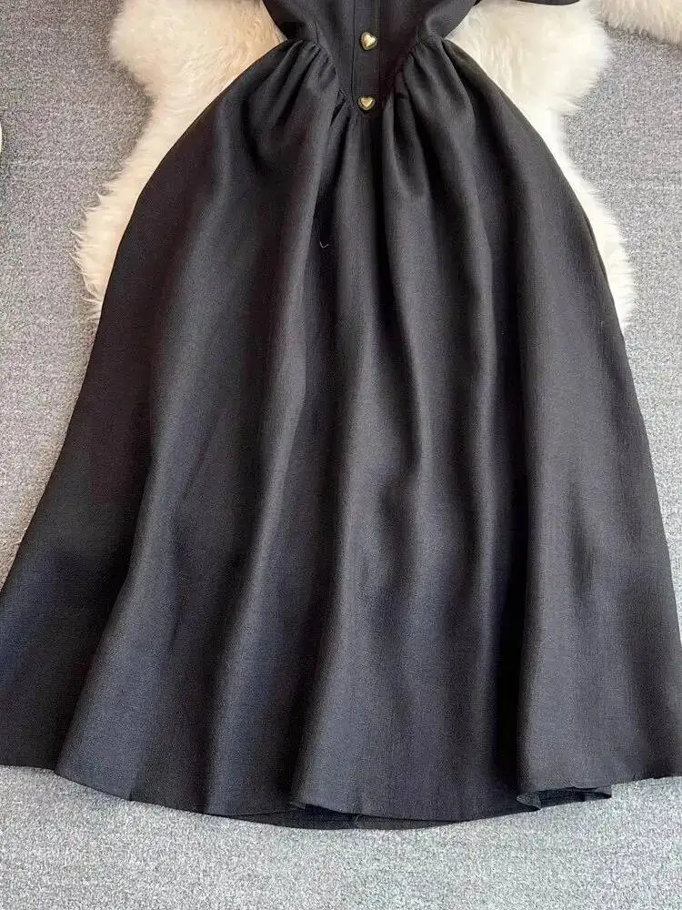Summer Autumn Black Sundress Short Sleeve Midi Party Dress Women Elegant Puff Sleeve Heart Buttons Evening Long Vestidos Quality