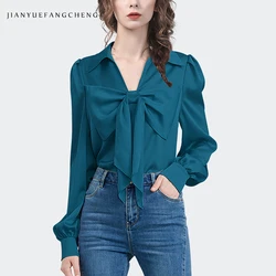 2024 Spring Summer Chic Women Bow-Knot Shirt Long Sleeve V-Neck Satin Top Elegant Fashion Slim Fit Ladies Casual Office Blouses