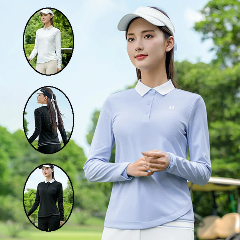 Pgm 2025 Golf Wear Autumn Women's Simple Elastic Tops Long Sleeve Casual Sports Polo Shirt Solid Color Versatile T-Shirt