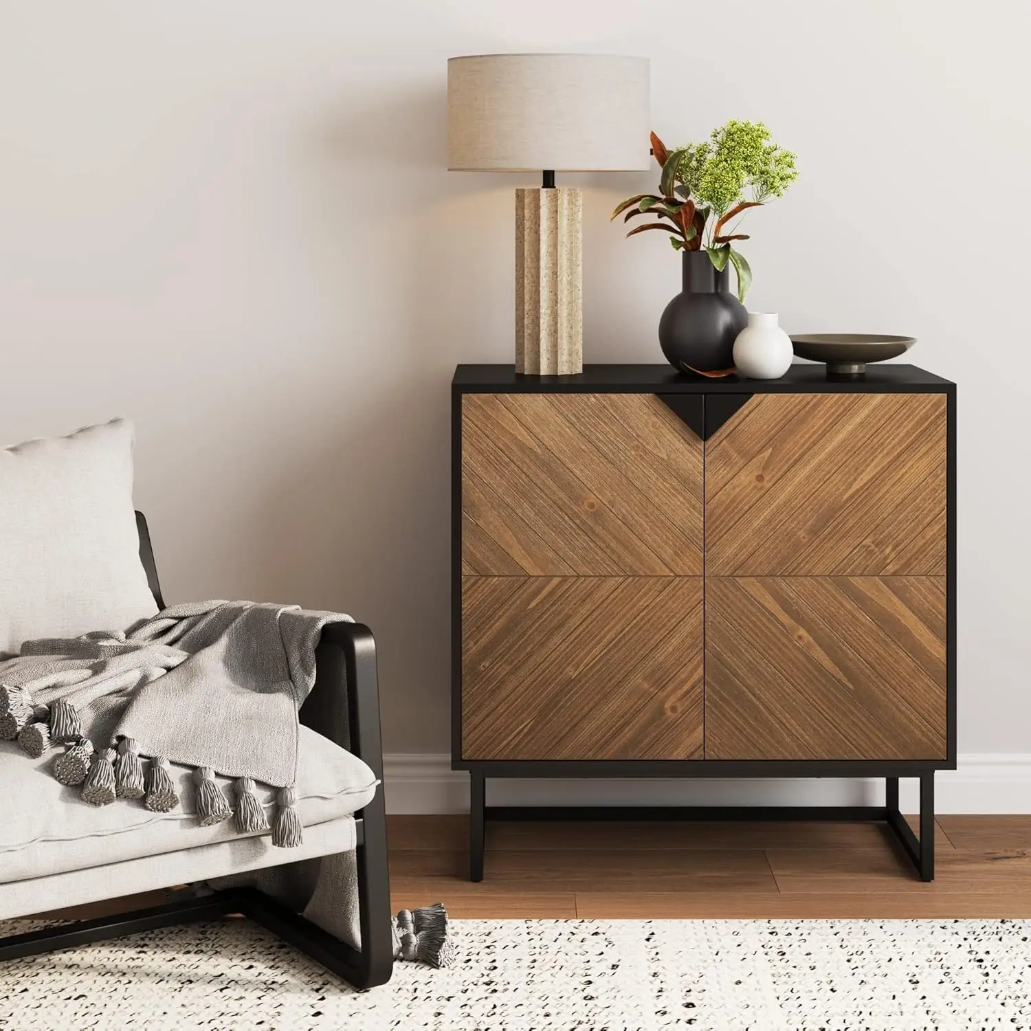 Modern Sideboard Buffet Storage Accent Cabinet Black with Doors in a Rustic Pine Wood Finish and Matte Metal Base for Hallway