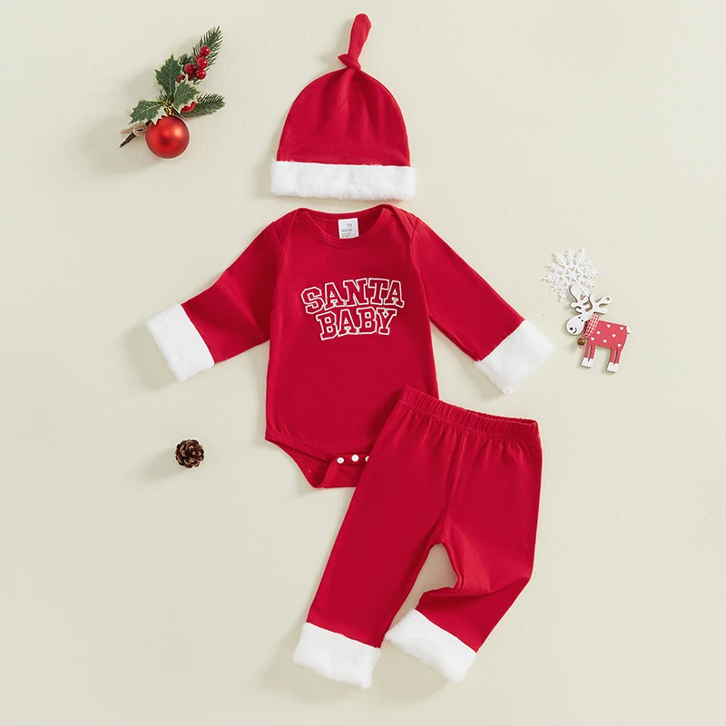 Baby Boy Christmas Outfit Letter Print Long Sleeve Rompers and Elastic Pants Santa Hat Set Spring 3 Piece Clothes