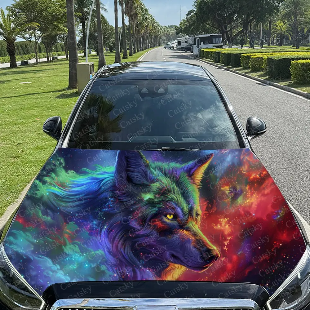 Fantasy Wolf with Vibrant Cosmic Design Car Hood Stickers - Self-Adhesive, Waterproof and Durable Vinyl Wrap, Decorate And Prote