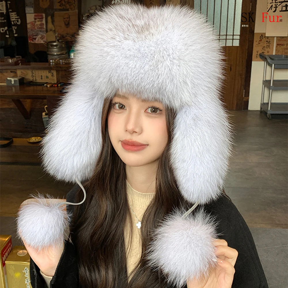 

2024 New Women Natural Fox Fur Russian Ushanka Hats Winter Thick Warm Ears Fashion Bomber Hat Lady Genuine Real Fox Fur Cap