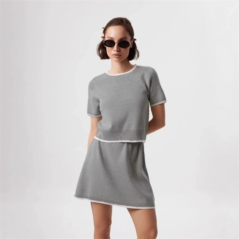 Elegant Soft Vintage Women Suits 2 Pieces Skirt Sets | Short Sleeve Sweater & Mini Skirt Knitted TrackSuit