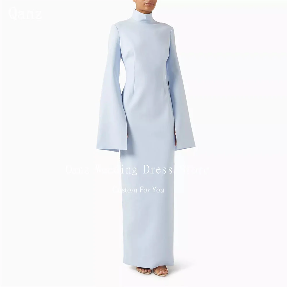 

Qanz Dubai Light Blue Evening Dresses Satin Long Sleeves High Neck Robes De Soirée Slit Floor Length Vestido De Gala Customized