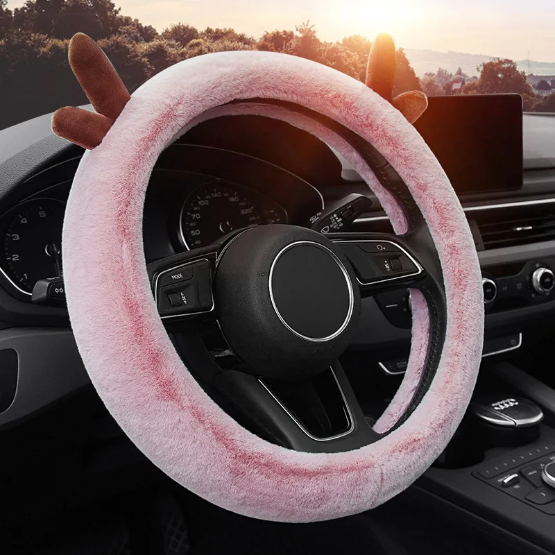 

38cm Thickened plush steering wheel cover Fashionable deer antler handlebar cover winter Automotive Interior