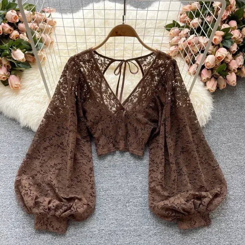 2024 Sexy Solid Sexy Lace Blouse Women Elegant V-Neck Puff Long Sleeve Open Back Short Tops Female Party Blusas