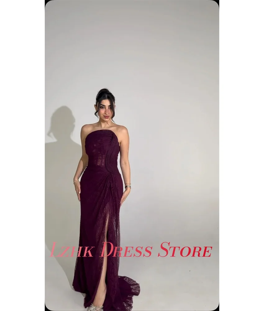 Vestido de noite sereia de renda de alta qualidade personalizado, delicado, sem mangas, sem alças, até o chão