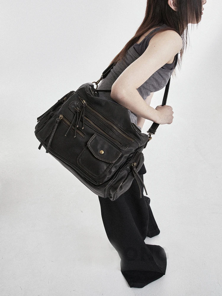 Bolso de alta calidad de cuero suave retro, bandolera de un hombro, bolso de mano de gran capacidad, bolso punk con múltiples bolsillos para motocicleta Y2K
