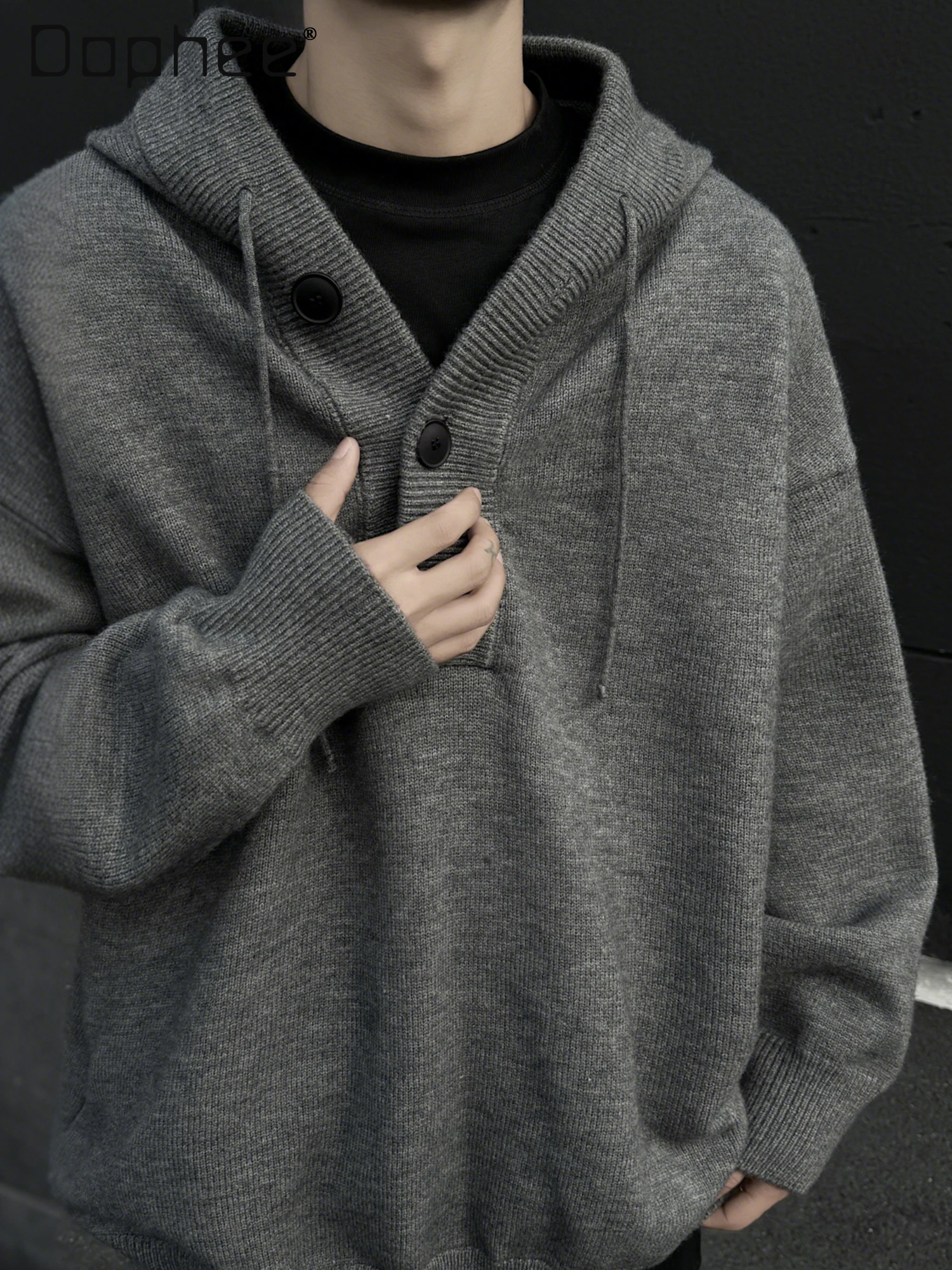 

2025 весенне-осенний мужской серый абрикосовый полукардиган, вязаный свитер, мужской модный свободный повседневный красный, черный свитер с капюшоном