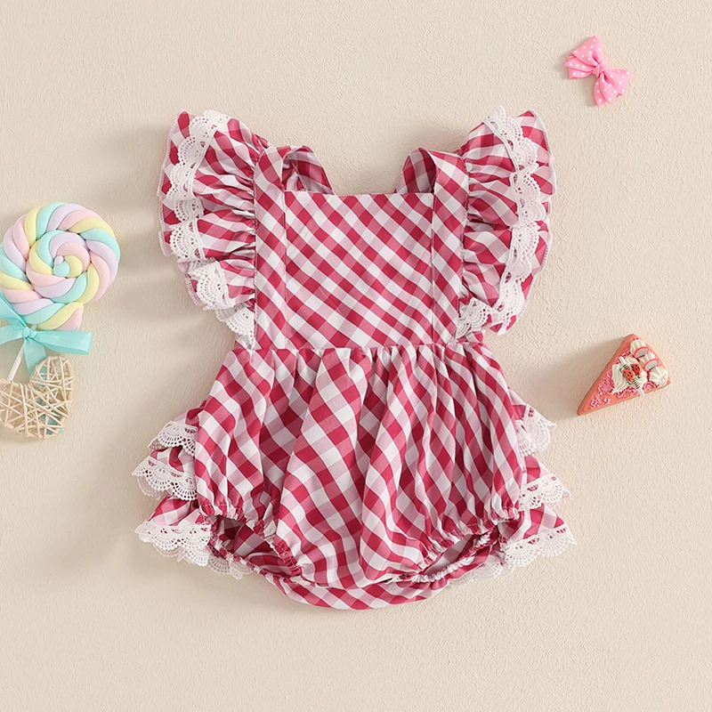 3-18M Baby Girls Summer Rompers Square Neck Ruffled Flying Sleeves Lace Trim Plaid Pattern Fashion Comfortable Jumpsuit