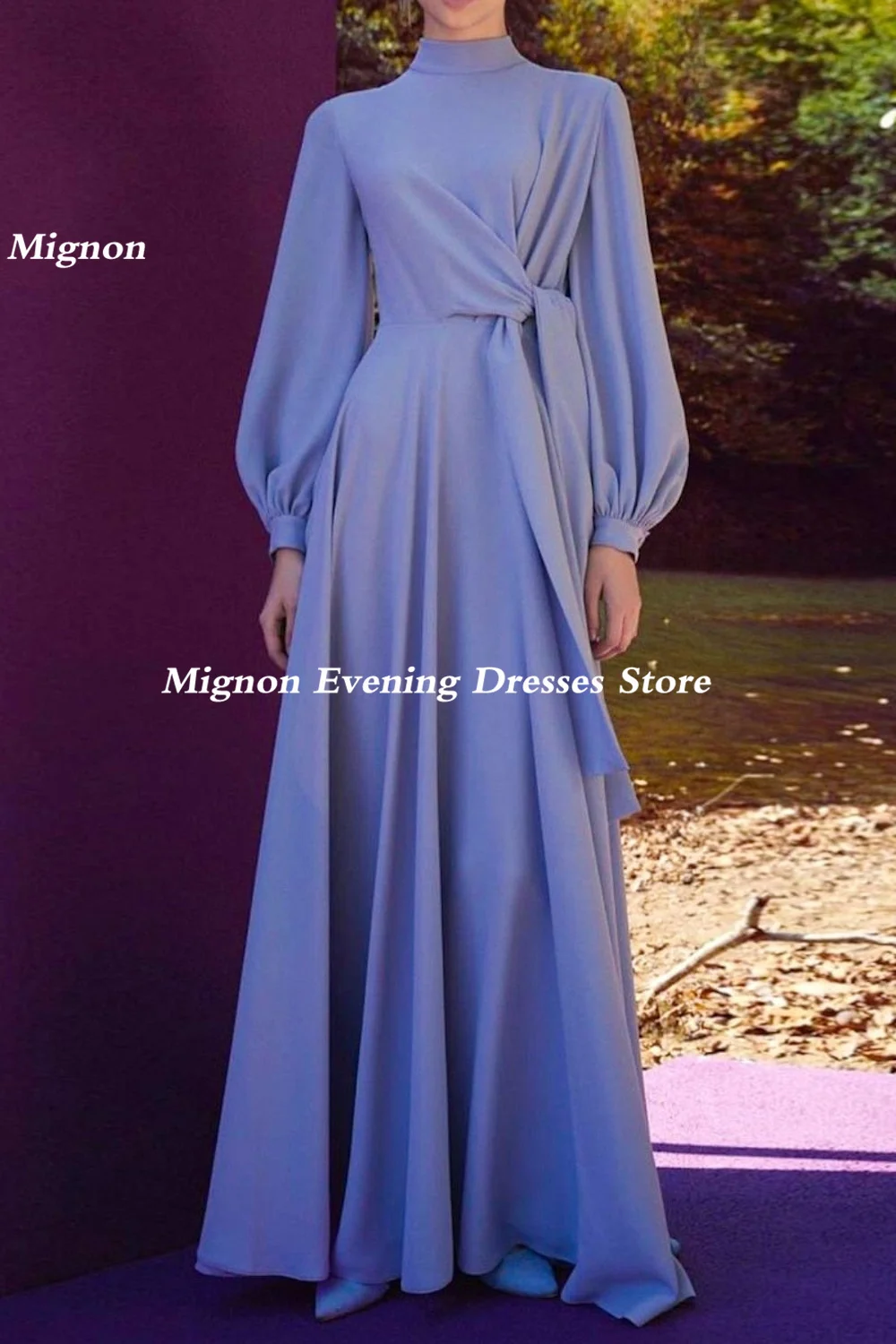 Mignon Satin A-line O-neck Arab Ruffle Prom Gown Floor Length Saudi Evening Formal Elegant Party Dress for Women 2023