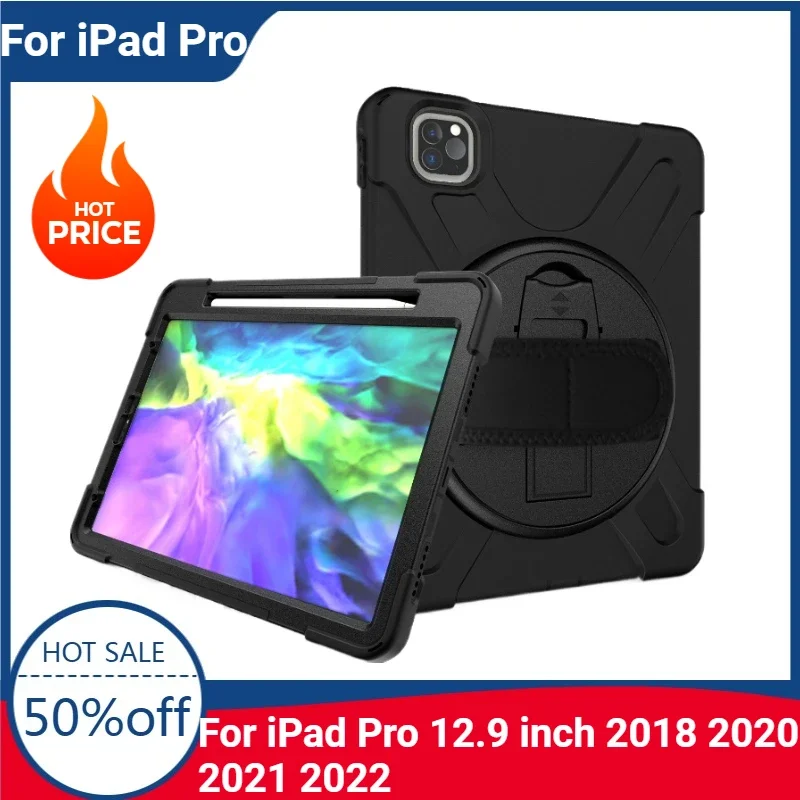 

Heavy Duty Rugged Shockproof Cover For iPad Pro 12.9 inch 2018 2020 2021 2022 iPad Air 13 2024 Rotating Handle Stand Tablet Case