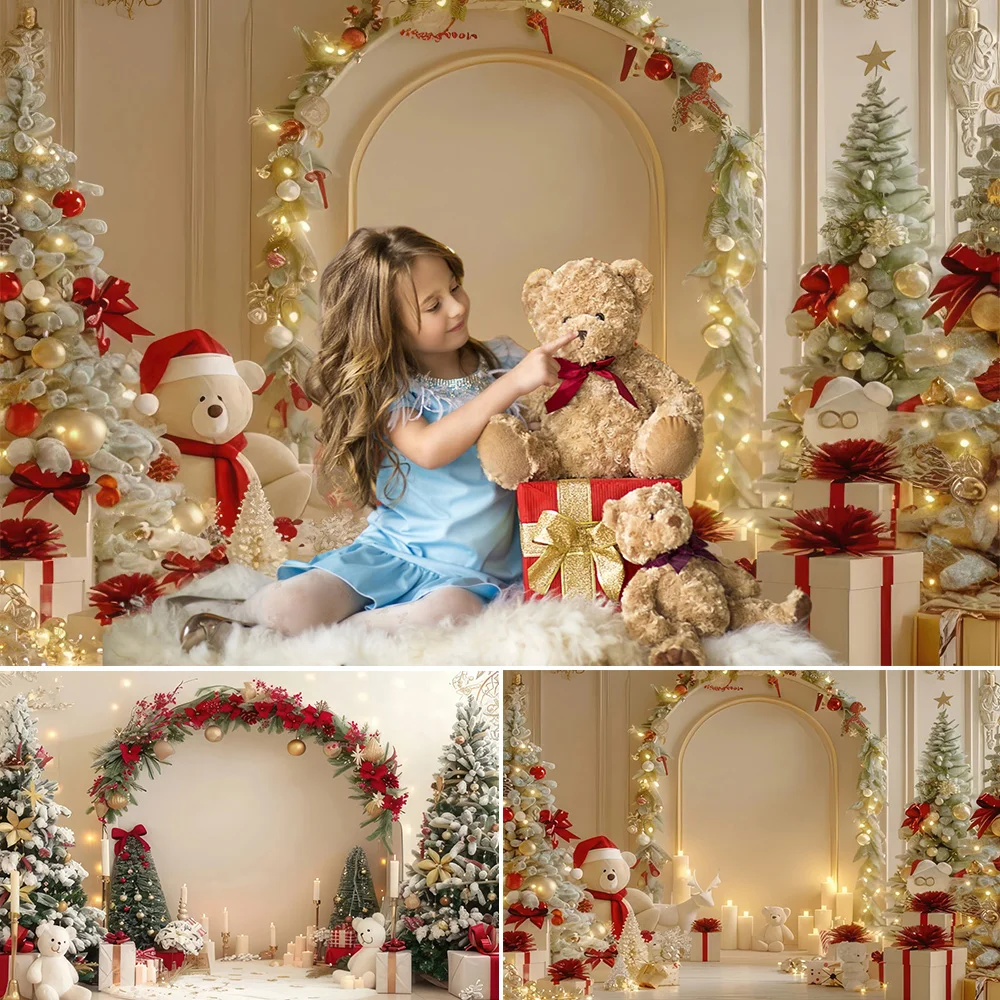 

White Christmas Backdrop for Photography Xmas Tree Gift Christmas Arch Door Family Party Kids Baby Portrait Photocall Background