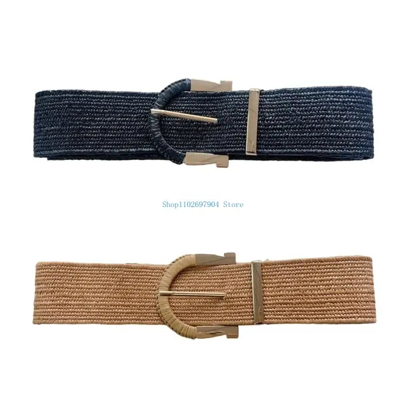 

N7YF Woven Raffia Waist Belt For Women Dress Elastic Waistband Adjustable Waist Strap for Vacation Bohemian Accessories