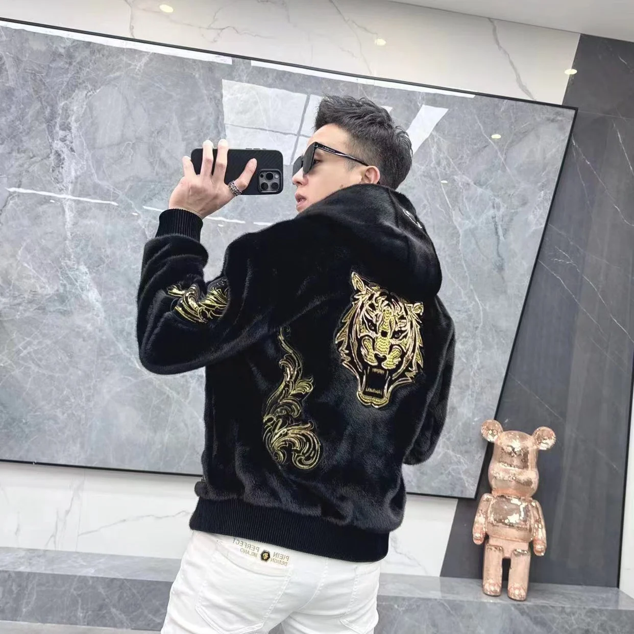 

Men's Gold Mink Velvet Hooded ort Jaet Winter New Sle Tiger Head Embroidery Sequin Slim Fit Outerwear Trendy Youth