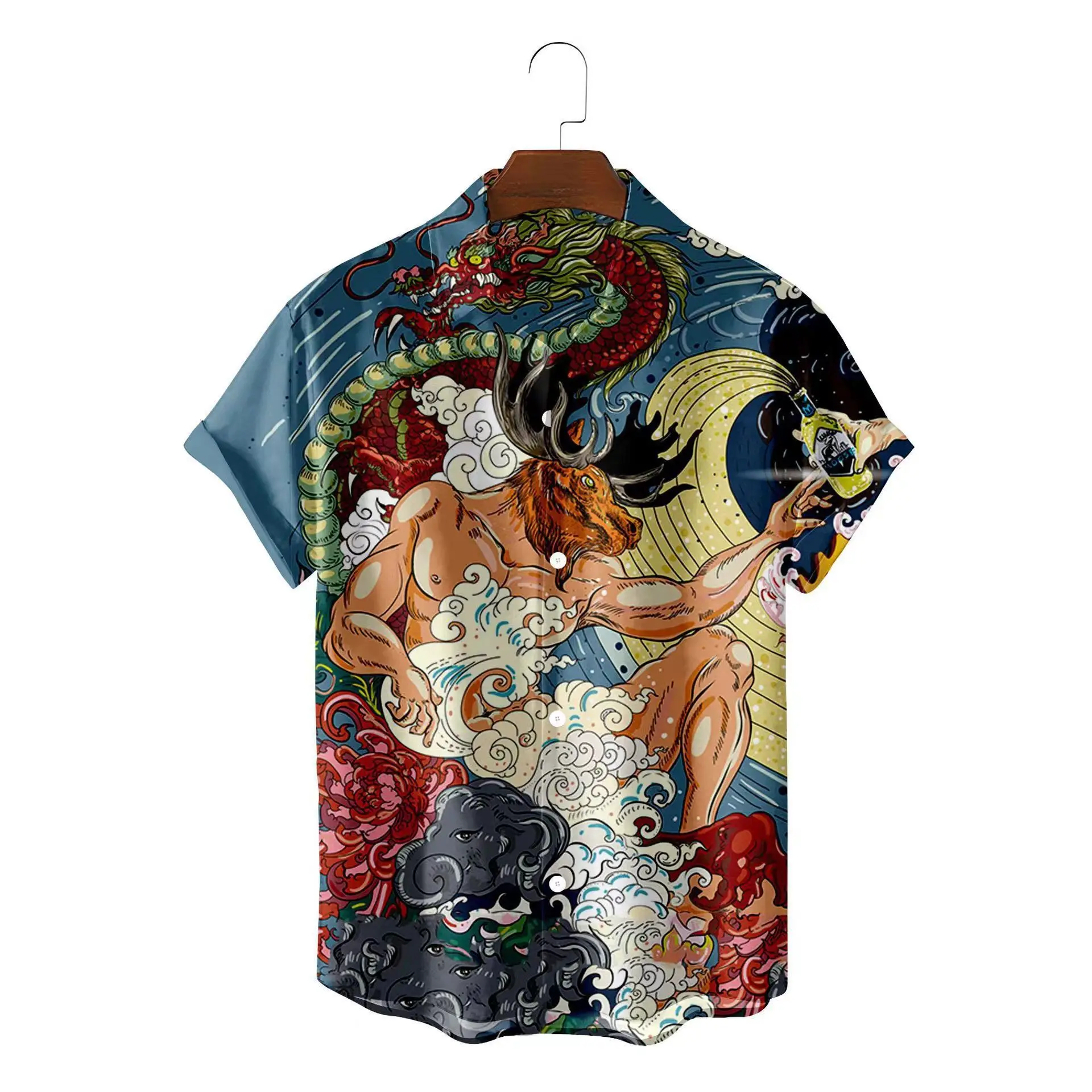 European and American minimalist multiple gradient colors men's loose and casual Hawaiian beach short sleeved shirt Tiki