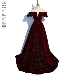 Elegant Wine Red Velvet Evening Dress for Female One-shoulder Slim Waist for Wedding Parties and Proms