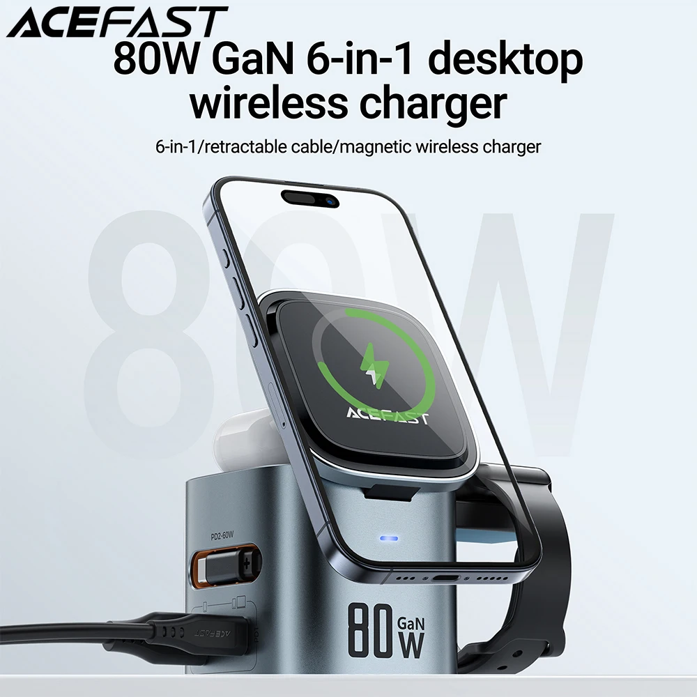 

ACEFAST 6 in 1 Multifunction 15W Magnetic Wireless Charging Station For iPhone 16 15 GaN PD65W Charging Cube USB C Fast Charging
