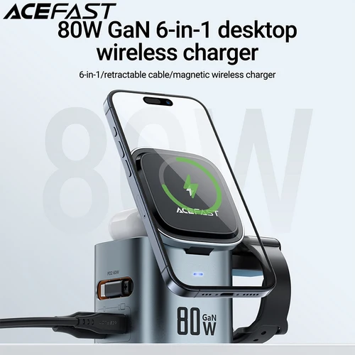 ACEFAST 6 en 1 estación de carga inalámbrica magnética multifunción 15W para iPhone 16 15 GaN PD65W cubo de carga USB C carga rápida