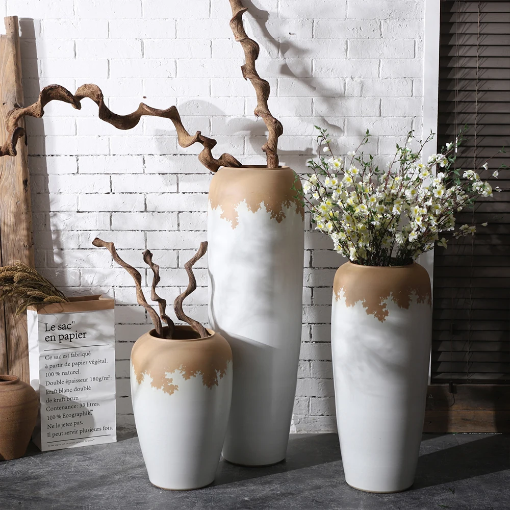 Antique clay style matte tall rustic ceramic pottery tall retro retro decoration large floor vase
