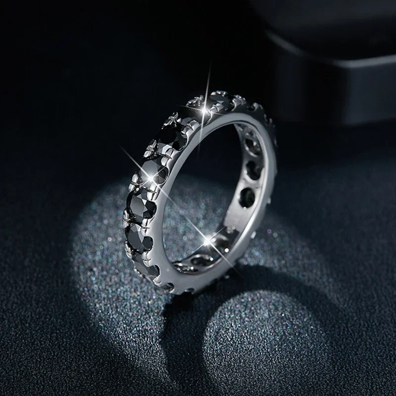 EWYA Sparkling Full 3/4/5mm D Color Black Moissanite Full Eternity Diamond Ring For Women Men S925 Silver Wedding Band Rings