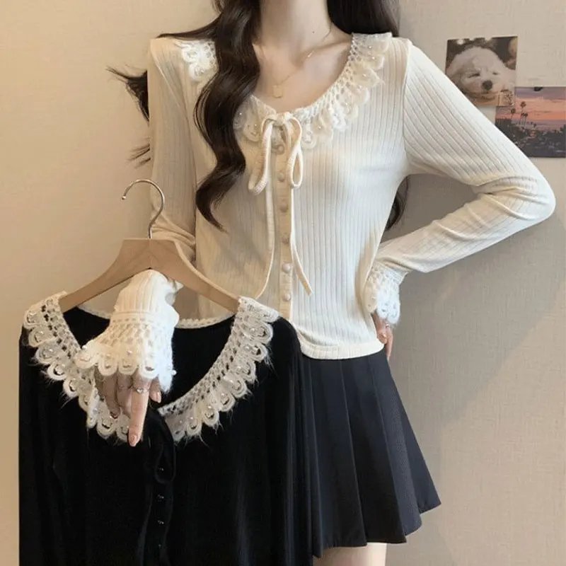 Pendolarismo elegante camicetta impiombata in pizzo primavera autunno fiocco con coulisse abbigliamento donna tinta unita camicia monopetto sottile di base