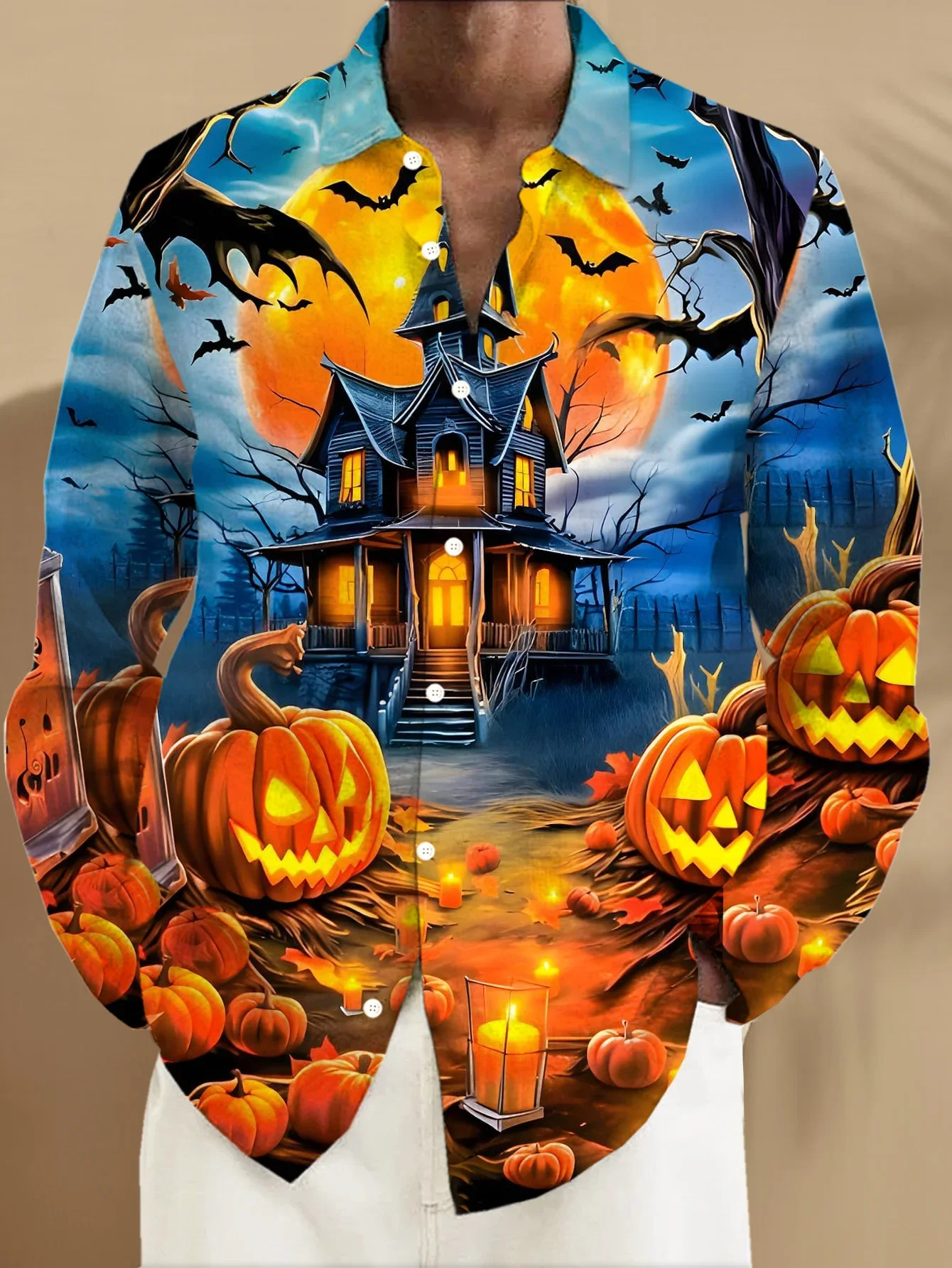 

2026 Halloween Pumpkin 3D Digital Printed Men's Button Pocket Long Sleeve Shirt Casual Holiday Shirt Gift