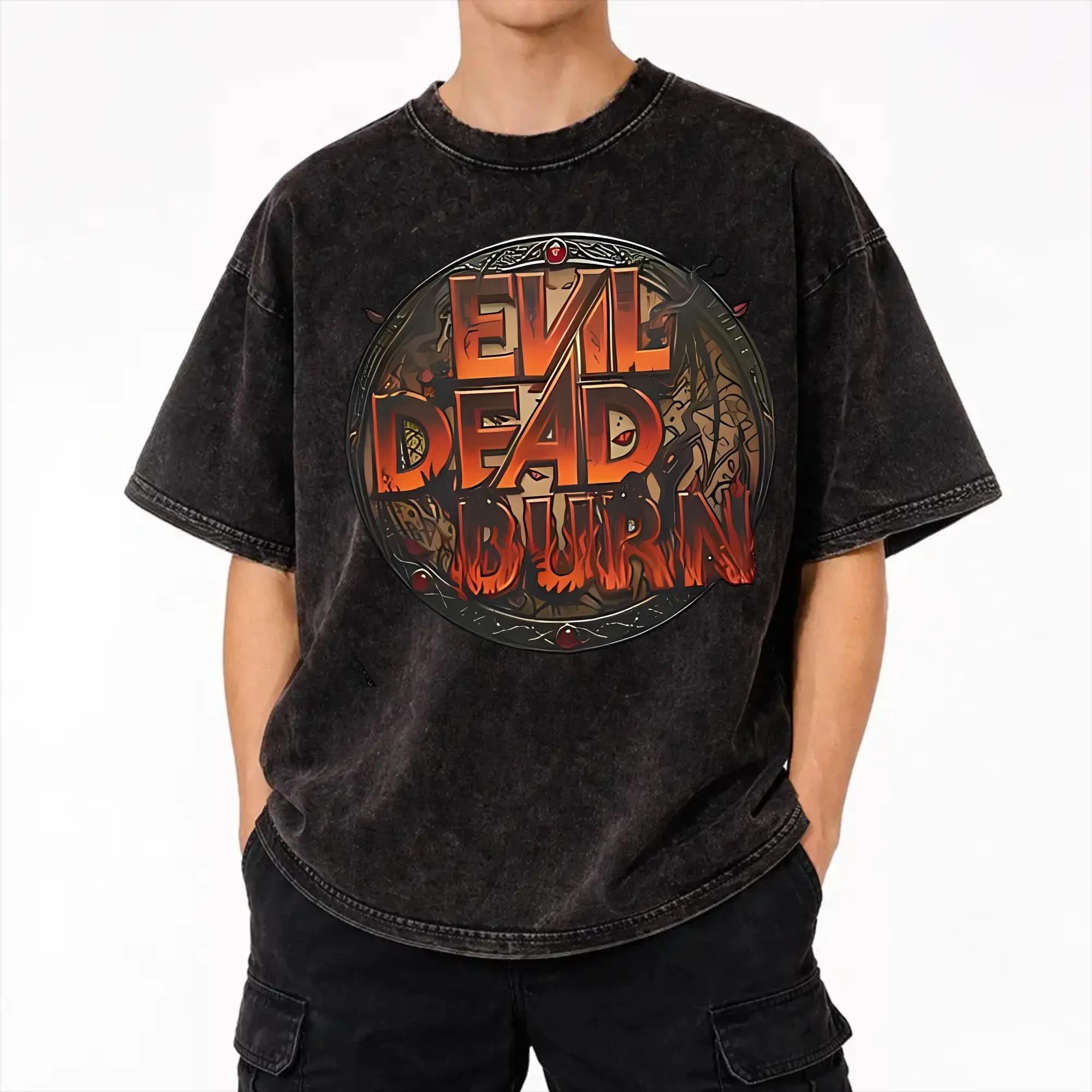 Harajuku Washed Shirts evil dead burn 2026 Outfit Vintage T-Shirts High Street  Streetwear Cotton Printed Tees