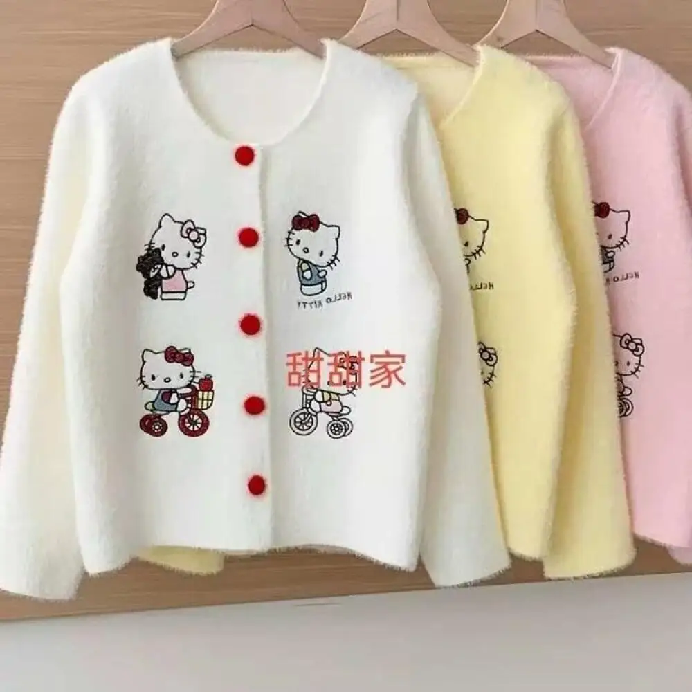 

Kawaii Hello Kitty женский кардиган свитер Sanrio аниме мультфильм осень свободные вязаные топы мягкий свитер с вышивкой мультфильма пальто
