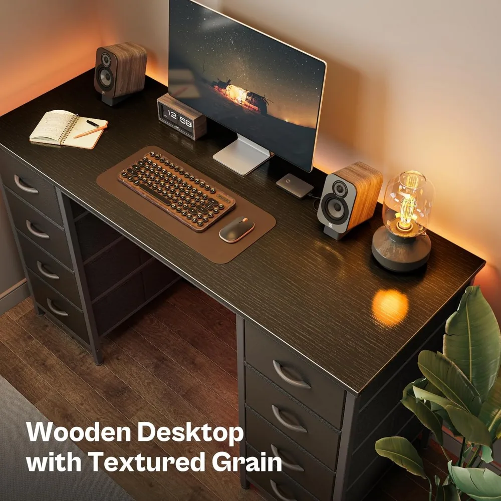 47 Inch Large Fabric Drawer Computer Desk for Home Office, Study, and Gaming with 8 Storage Drawers