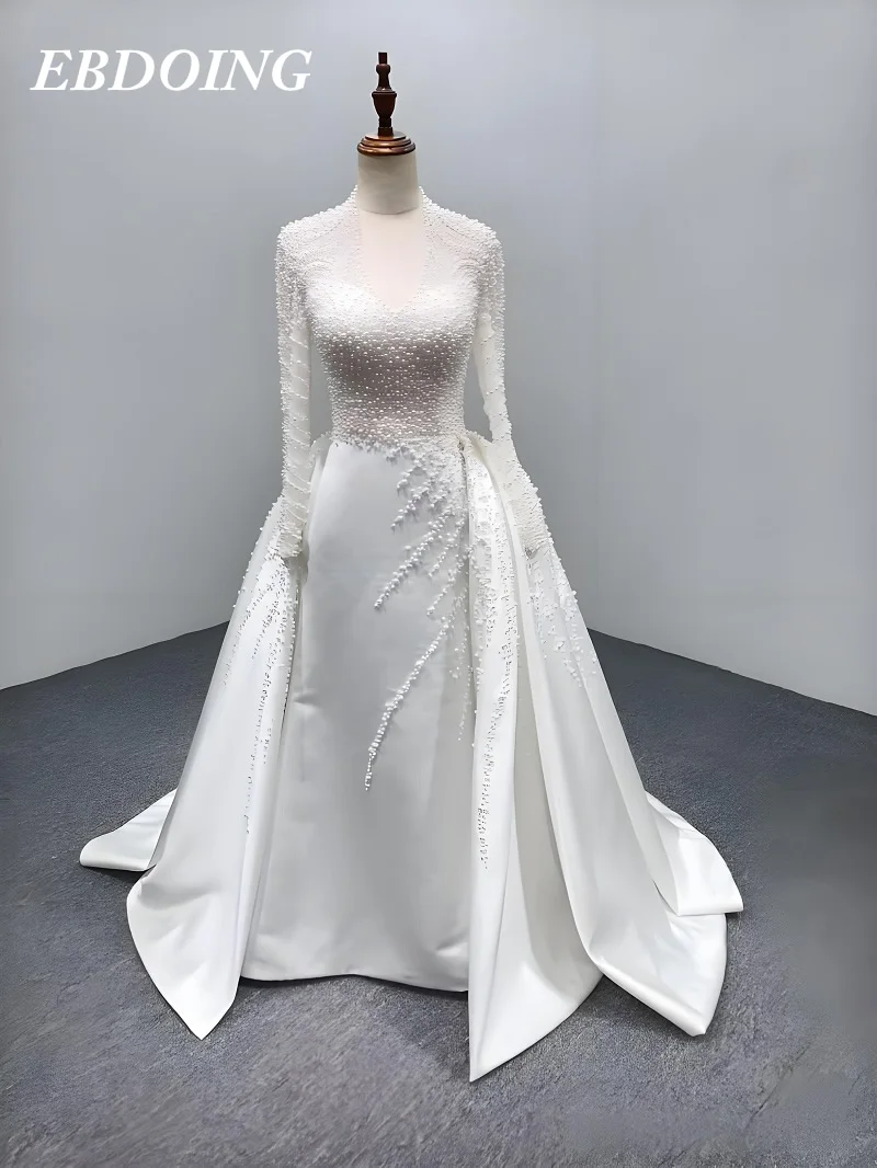 New Arrive Wedding Dress Mermaid  2 in 1 Satin Full Sleeves Detachable Train With Beading  Customized Vestidos De Novias