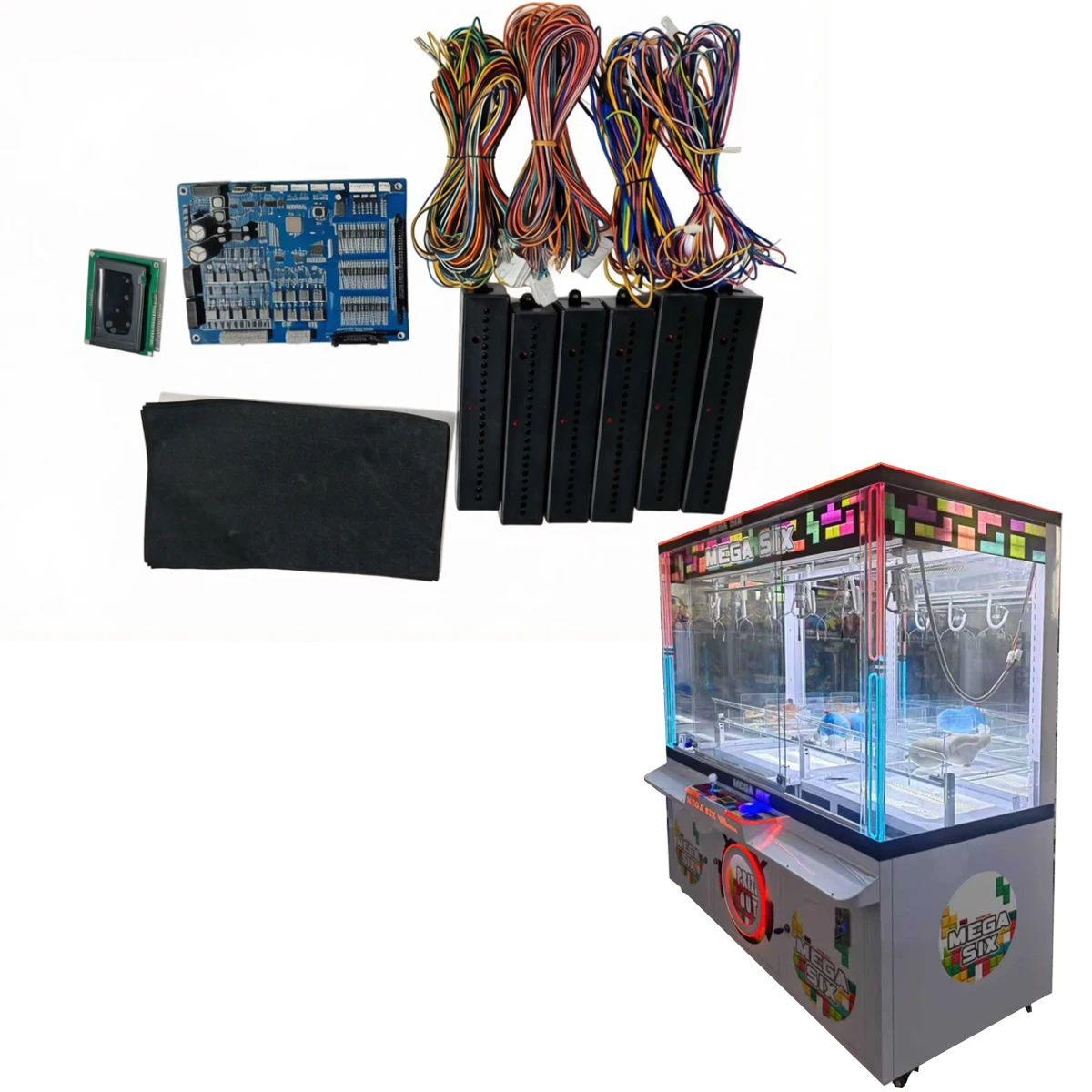 

Комплект для самостоятельной сборки игрового автомата MJ Multi-Claw (кран-машина) с монетоприемником, включает материнскую плату, фотоэлемент, ЖК-дисплей, кабели