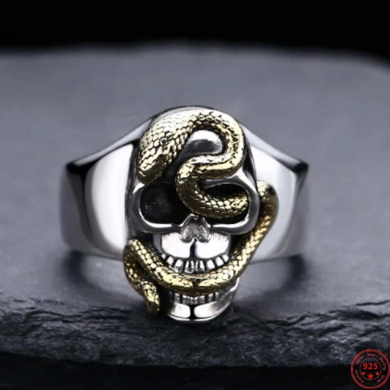 Genuine S925 Sterling Silver Rings for Women Men New Fashion Contrast Colors Snake Python-skull Punk Jewelry Wholesale