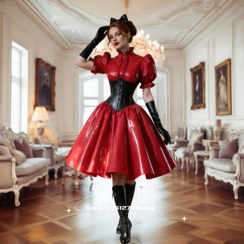Moderne rote Abendkleider aus PVC mit Korsett und Falten, knielang, glänzendes Ballkleid, kurze Puffärmel, hoher Kragen, Knopfleiste vorne, individuell gestaltet