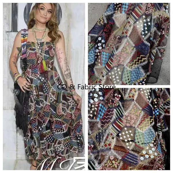 Schwarzer weicher Mesh-Stoff mit botanischer Stickerei, bestickter Spitze für Kleid, Kostüm, Designer-Stoff