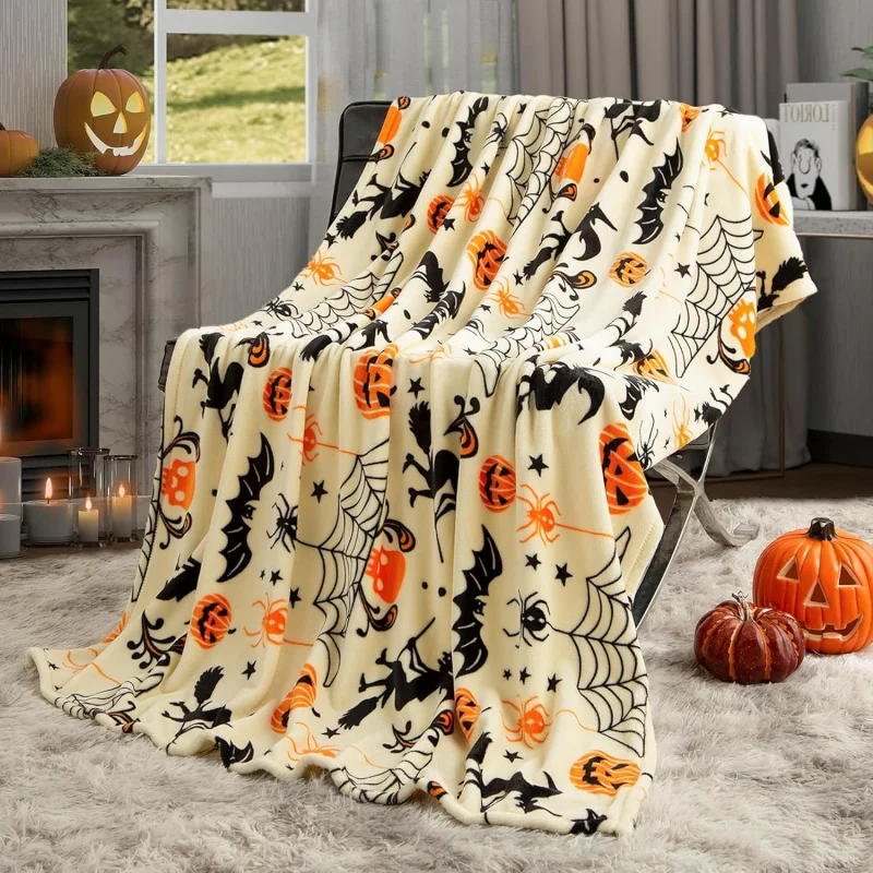 

Pumpkin Halloween reversible witch hat spider web print blanket, super soft, warm and comfortable for home decoration