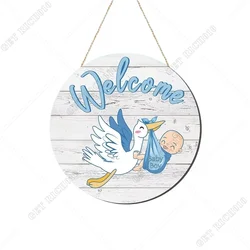 Baby Boy Door Sign Gender Reveal Welcome Baby Sign Hanging Wreath Round Rustic Wood Sign Farmhouse Decorations Wooden