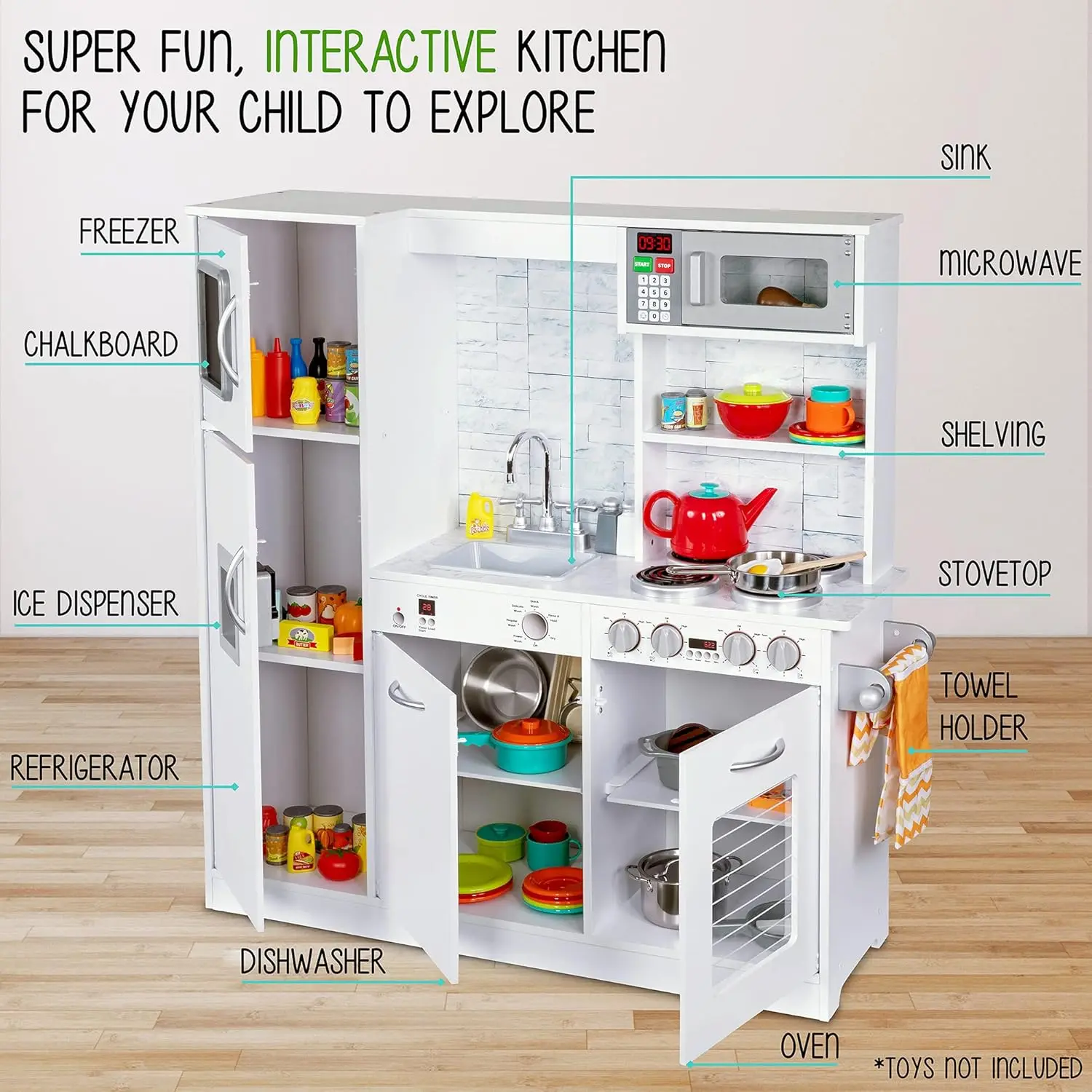 Kids Kitchen Set, Pretend Wooden Play Kitchen, Battery Operated Icemaker & Microwave with Realistic Sound, Pots & Pan Included -