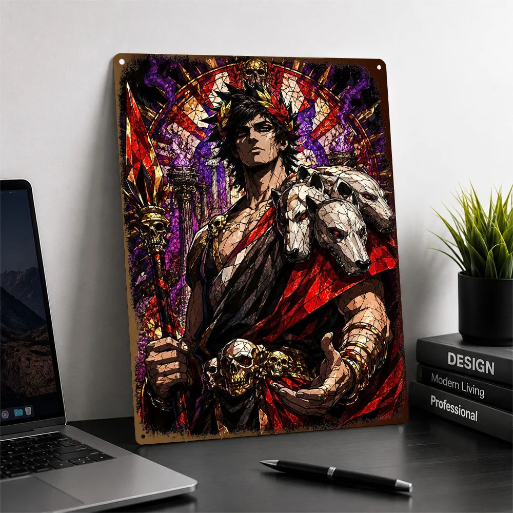 Hades Cerberus Portrait Aluminum Poster Stained Glass Wall Art For Entertainment Room Customized Metal Sign Housewarming Gift