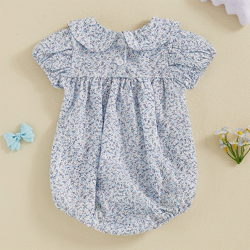 VISgogo Baby Girls Rompers Bowknot Embroidered Print Doll Collar Short Sleeve Jumpsuits Bodysuits Summer Clothes