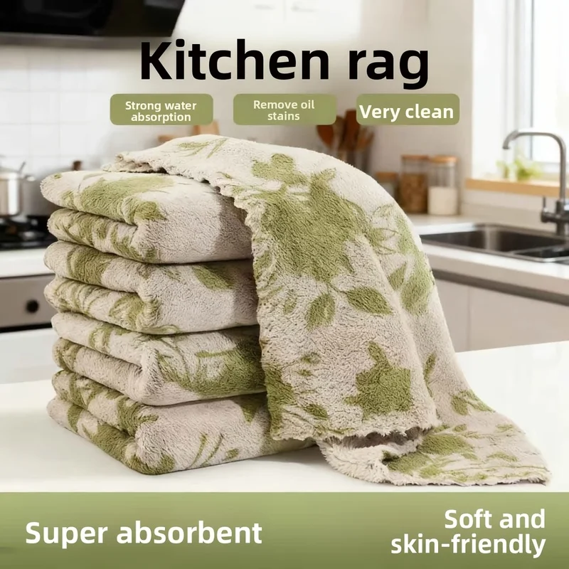 10pcs Kitchen dishcloths, cleaning cloths, coral fleece material, green rose print, for wiping dishes, tables, countertops, stov